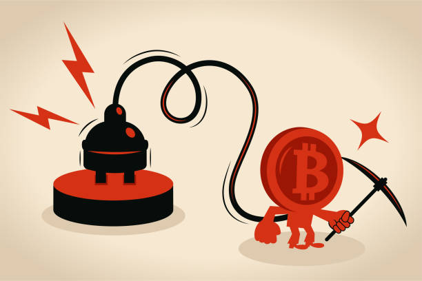 illustrazioni stock, clip art, cartoni animati e icone di tendenza di l'uomo bitcoin antropomorfo con una spina elettrica tiene in mano un piccone, concetto di criptovaluta bitcoin e consumo energetico (ad alta intensità energetica) - coal fired power station