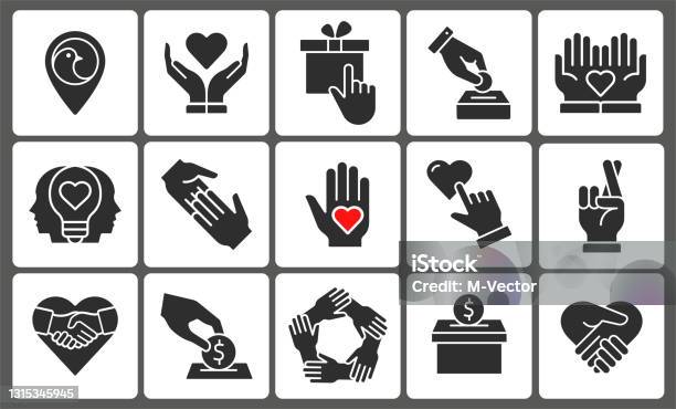 Donation And Volunteer Work Icons. Symbols Or Logo Of Human Care, Assistance For Health, Help And Hope Sign, Medical Charity And Blood Giving. Flat Design Elements In Red Color. Royalty Free SVG