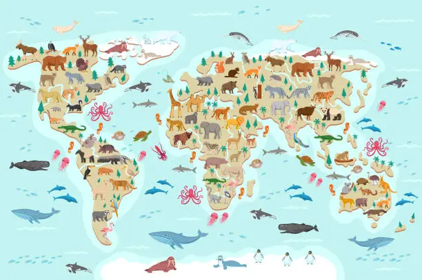 Vector illustration of The vector world map with flat cartoon wild animals for kids.South America,Asia,Europe,North America,Africa,Australia,Atlantic Ocean,Indian Ocean,Pacific Ocean,Arctic Ocean with different animals.