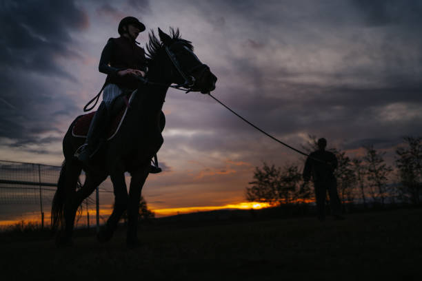 istock Young woman training horse riding technique with instructor at sunset 1315351989