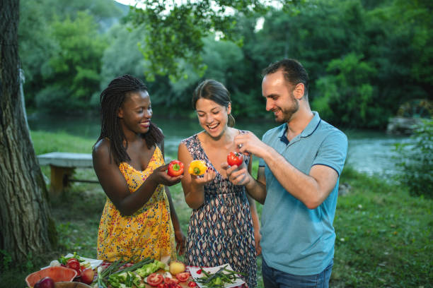 mangiare vegano sano in natura - picnic family barbecue social gathering foto e immagini stock