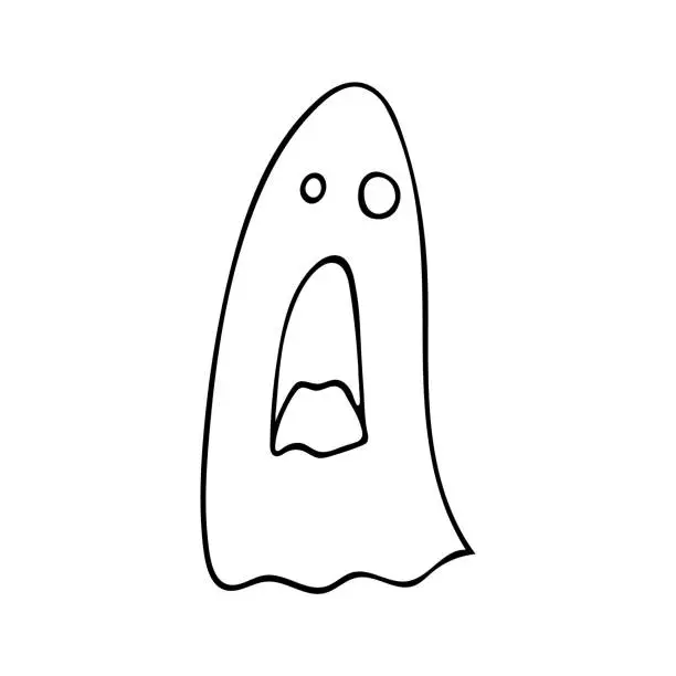 Vector illustration of Ghost halloween vector hand drawn doodle outline icon, isolated on white. Cute illustration for seasonal design, textile, or greeting card..