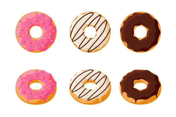 흰색 배경에 고립 된 달콤한 다채로운 맛있는 도넛 세트. 카페 장식 또는 메뉴 디자인을위한 글레이즈 도넛 최고 전망과 3d 컬렉션. 핑크와 초콜릿 베이커리. 벡터 플랫 일러스트레이션 - donut stock illustrations