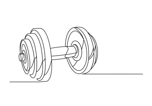Dumbbell continuous one line drawing Dumbbell continuous one line drawing. Heavy dumbbell isolated white background. Vector illustration dumbbell stock illustrations
