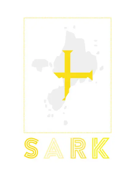 Vector illustration of Sark Logo. Map of Sark with island name and flag.