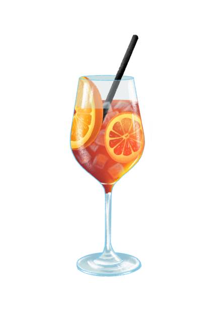 illustrazioni stock, clip art, cartoni animati e icone di tendenza di illustrazione disegnata a mano di cocktail rinfrescante estivo aperol spritz in colori arancione brillante in un bellissimo calice di vetro - aperitivo