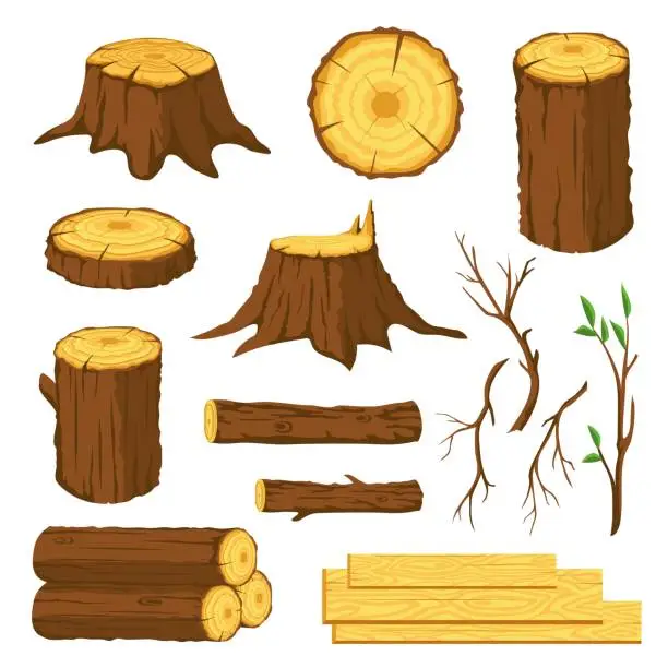 Vector illustration of Wood logs. Firewood, tree stumps with rings, trunks, branches and twigs. Lumber industry forest materials. Wooden planks, timber vector set