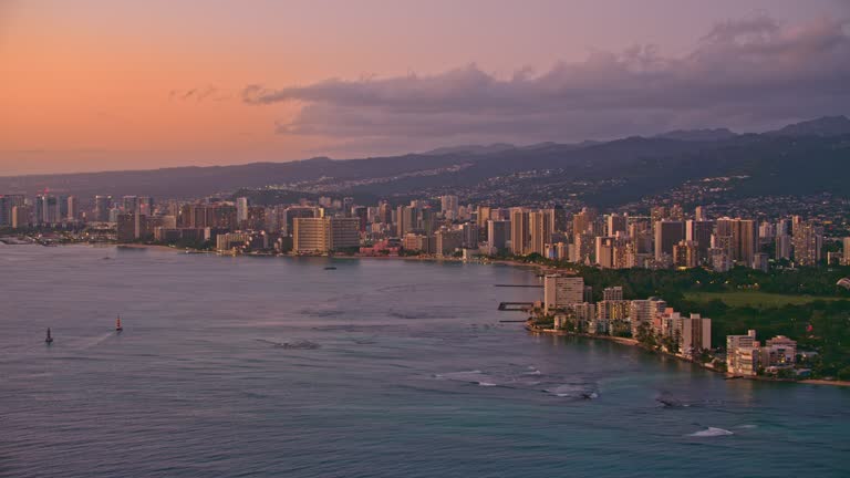 AERIAL Waikiki and Honolulu at sunset