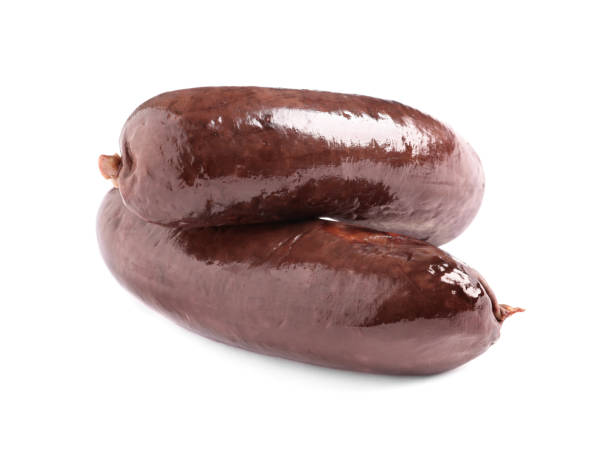 istock Whole tasty blood sausages on white background 1315357528