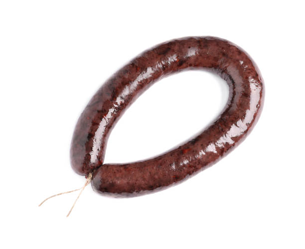 istock Tasty blood sausage isolated on white, top view 1315357791
