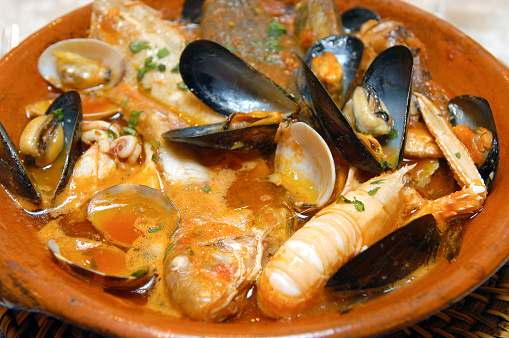 The fish soup called brodetto di Pesce is a typical dish of the Marche seafood cuisine where numerous varieties of fish are used such as cuttlefish, mullet, sole, dogfish, monkfish, clams, mussels