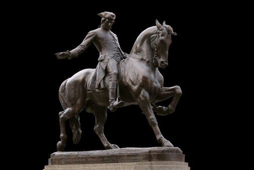 Bronze Statue of Paul Revere in the historic North End, Boston (USA). Work of American sculptor Cyrus Dallin (1861-1944)