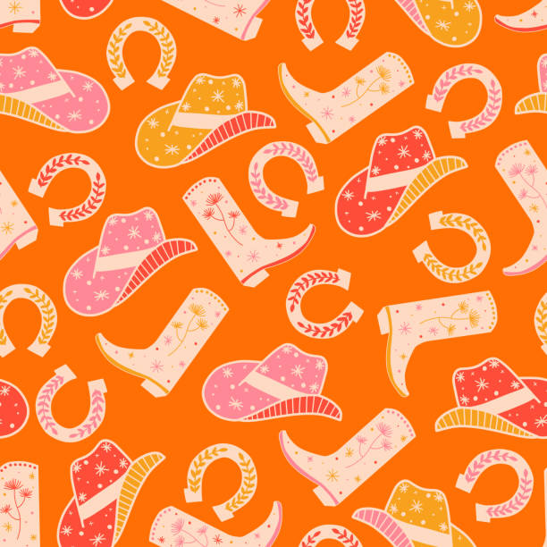 ilustrações de stock, clip art, desenhos animados e ícones de cowgirl horse ranch seamless vector pattern. cowboy boots, hat, horseshoe repeating background. wild west surface pattern design for fabric, wallpaper, packaging, wrapping. - cowboy