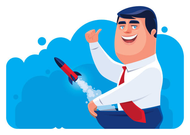 ilustrações de stock, clip art, desenhos animados e ícones de businessman gesturing thumbs up with launching rocket - erectile dysfunction