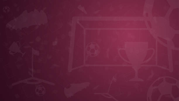 背景與足球元素的冠軍。杯具，進球，球，足球靴在卡達國旗顏色的深色猩紅背景。範本 2022.向量 - qatar 幅插畫檔、美工圖案、卡通及圖標