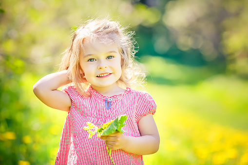 Happy little girl playing with bouquet in sunny park