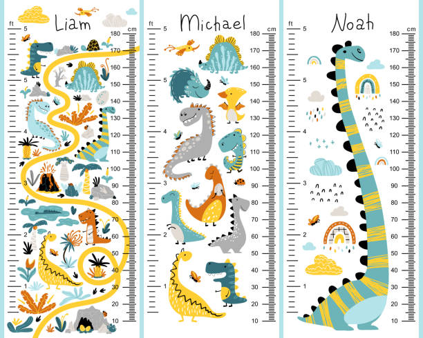 Dino height chart set for kids. Cute vector illustration in simple hand-drawn cartoon Scandinavian style. The limited, colorful palette is ideal for printing. Childish meter wall for nursery design. Dino height chart set for kids. Cute vector illustration in simple hand-drawn cartoon Scandinavian style. The limited, colorful palette is ideal for printing. Childish meter wall for nursery design ruler doodle stock illustrations