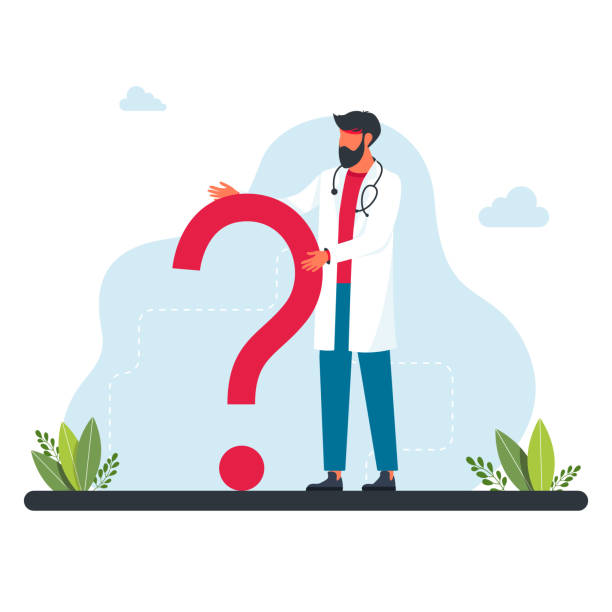 ilustrações de stock, clip art, desenhos animados e ícones de the doctor stands in front of large question mark. questions to doctor about disease, online consultation, faq. ask the doctor. doctor, medical professional is standing in front a question mark. - medical problems