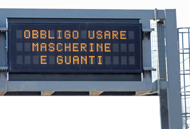 istock variable message panel with the text which means the obligation to use masks and gloves in Italian language 1315372791