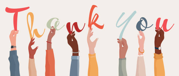 ilustrações de stock, clip art, desenhos animados e ícones de raised arms of a group of diverse multi-ethnic people holding the letters forming the word thank you in their hands.teamwork.gratitude and agreement between colleagues. appreciation - thank you