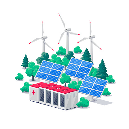 Renewable energy electric power station smart grid system. Isolated vector illustration of photovoltaic solar panels, wind turbines and lithium-ion battery energy storage for off-grid backup on white.