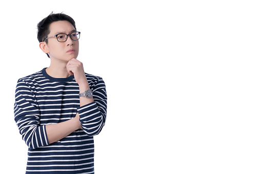 thoughtful asian glasses male tshirt hand gesture think wonder doubtful portrait isolate white background