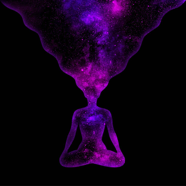 sternenviolett-universum in form einer frau im lotus pose auf schwarzem hintergrund - nirvana stock-fotos und bilder