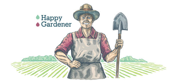 Happy gardener, holds a shovel in his hands. Vector Illustration.