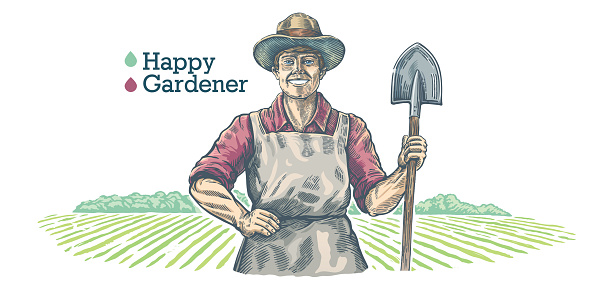Happy gardener, holds a shovel in his hands. Vector Illustration.