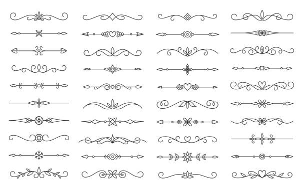 illustrazioni stock, clip art, cartoni animati e icone di tendenza di il bordo della linea divisore sottolinea il set di design vintage - filigree swirl flourishes ornate