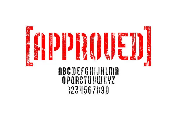 Vector illustration of Stencil condensed font, condensed textured alphabet, red modern uppercase letters and numbers, vector illustration 10eps