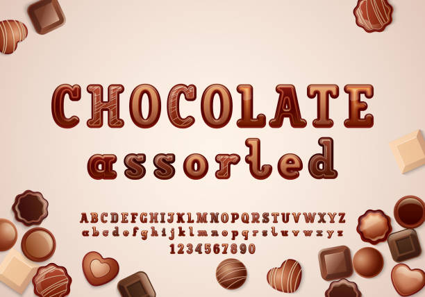 ilustraciones, imágenes clip art, dibujos animados e iconos de stock de fuente 3d original, alfabeto al estilo chocolate, letras en mayúsculas y minúsculas redondeadas de losa serif de la a a la z y números de 0 a 9, ilustración vectorial 10eps - chocolate candy chocolate box candy