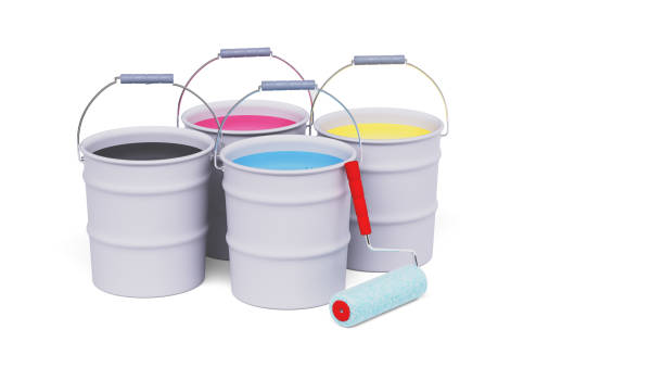 istock buckets of paint on a white background - 3D rendering 1315380707