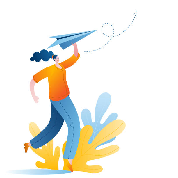 istock A woman launches a paper airplane. Isolated vector character. 1315380808
