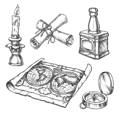 Set of isolated sketches of candle and vintage world map, stamp or seal, scroll or manuscript, compass and inkwell, parchment. History and education, pirate and treasure, sea and ocean, navigation