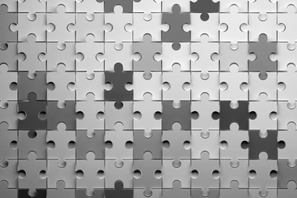 Jigsaw puzzle pieces in monochrome black and white colors. 3d illustration.