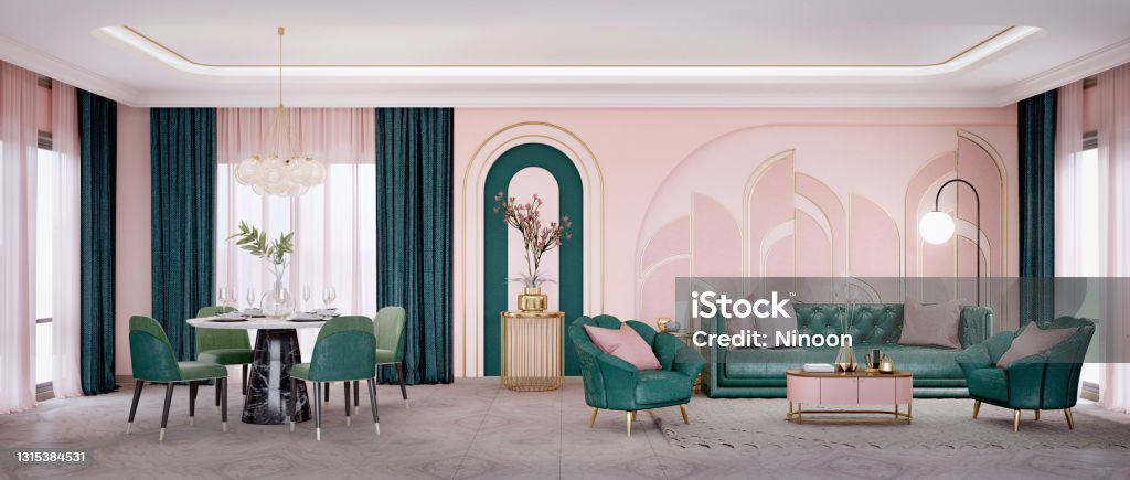 Panorama of art deco style  living room and dining area with sofa,armchair.3d rendering Art Deco Stock Photo