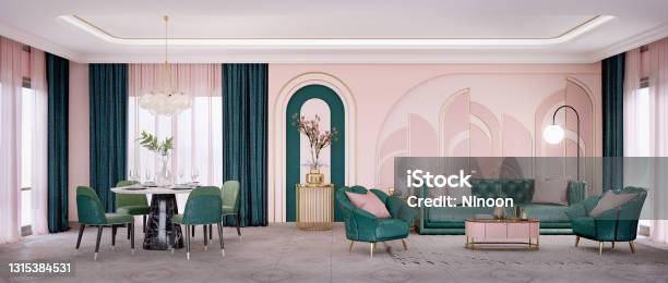 Panorama Of Art Deco Style Living Room And Dining Area With Sofaarmchair3d Rendering Stock Photo - Download Image Now