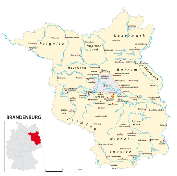 karte des landes brandenburg in deutscher sprache - frankfurt oder stock-grafiken, -clipart, -cartoons und -symbole