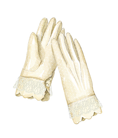 Vintage beige old female lacy gloves isolated on white background. Watercolor hand drawn illustration sketch