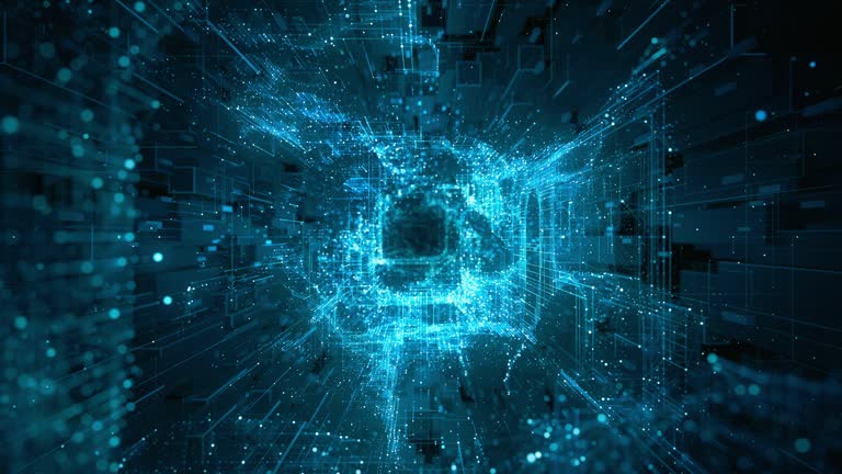 Hochdetaillierte, digital generierte Hintergrundanimation, perfekt einsetzbar für eine Vielzahl von Themen im Zusammenhang mit Netzwerksicherheit, dem Internet der Dinge oder der Technologie im Allgemeinen. Nahtlose Schleife.