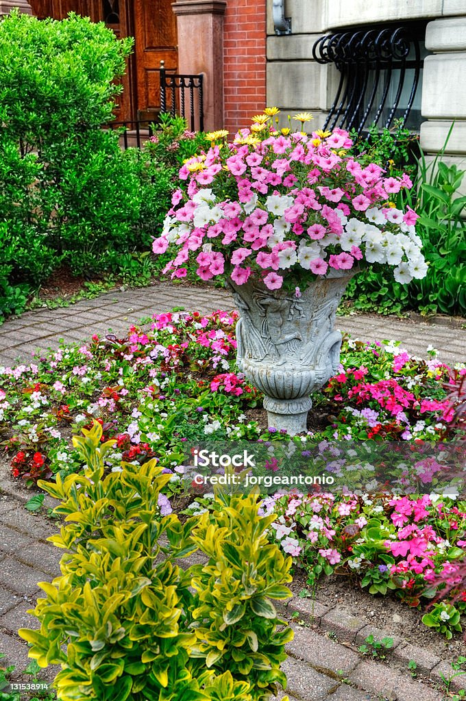 Flower arrangement in elegant urban garden Urn with colorful flower arrangement in elegant urban garden Architecture Stock Photo