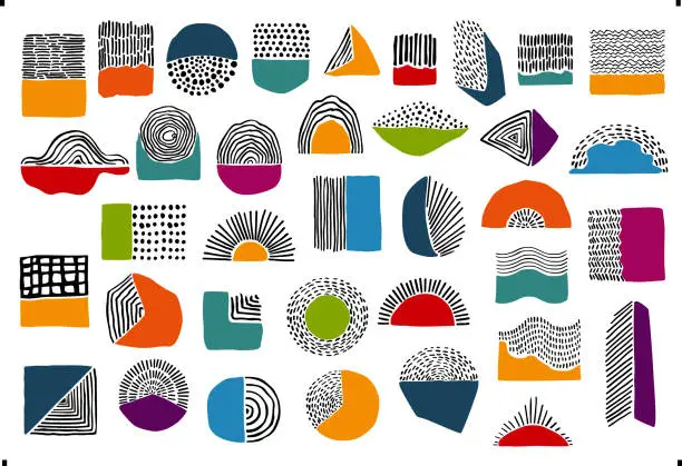Vector illustration of abstract colorful bright geometric dot  line and curves art shapes and forms , spotted doodles set, isolated vector illustration graphics