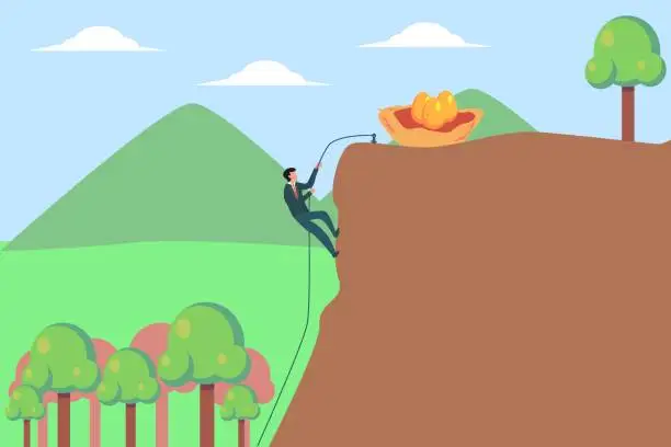 Vector illustration of Man doing rope climbing towards the golden eggs
