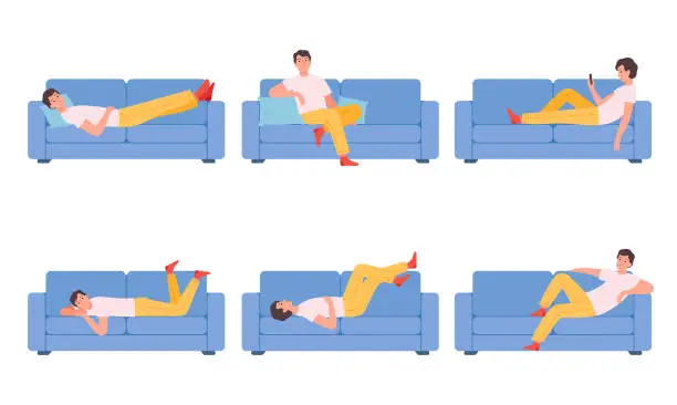 Vector illustration of Man on couch. Relaxing different poses characters sitting on sofa person dreaming thinking sleeping nowaday vector cartoon illustrations collection