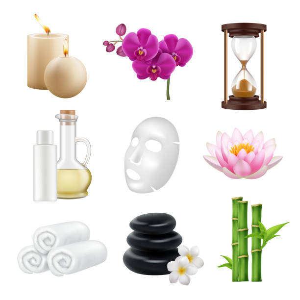 Spa realistic. Beauty and relax salon alternative medicine zen towel lotus orchid bamboo stones decent vector collection set Spa realistic. Beauty and relax salon alternative medicine zen towel lotus orchid bamboo stones decent vector collection set. Elements for spa massage, healthy and beauty therapy illustration massaging illustrations stock illustrations