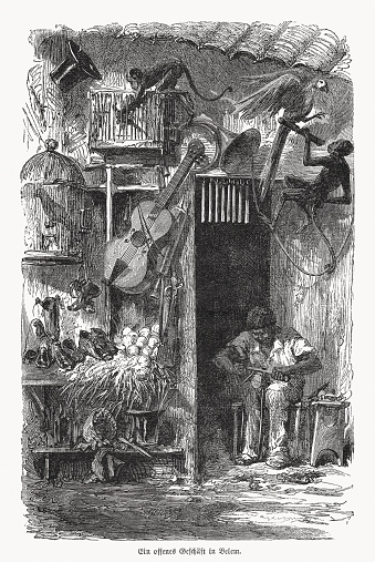 Historical view of an open shop in Belem, Northern Brazil. Wood engraving, published in 1868.