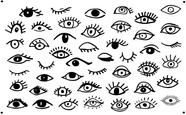 ręcznie rysowany zestaw różnych otwartych i zamkniętych oczu, izolowana kolekcja grafiki ilustracji wektorowych - crazy eyes stock illustrations