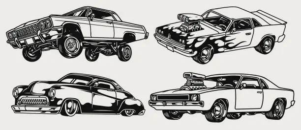 Vector illustration of Custom cars vintage monochrome set