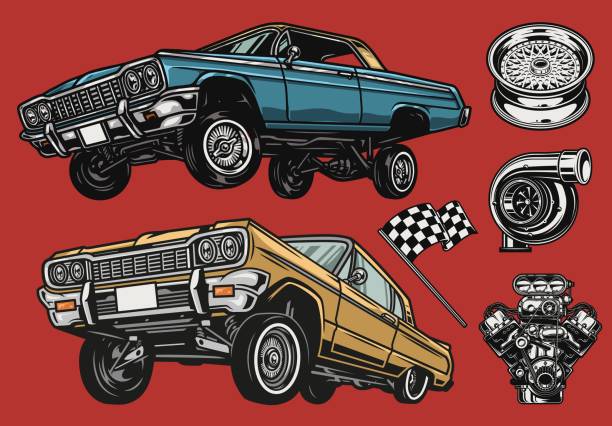 пользовательские автомобили и части красочная концепция - low rider stock illustrations